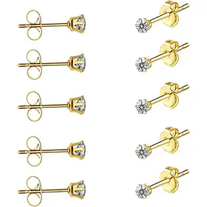 5/10 Pairs Silver Gold Stud Earrings Set, 14K Gold Plated 316L Surgical Stainless Steel Hypoallergenic Cubic Zirconia CZ Small Piercing Earring for Women Men 3 mm