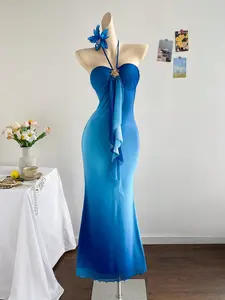 Women's Halter Neck Mermaid Maxi Dress, Coquette Romantic Chiffon Formal Gown, Elegant for Wedding Guest & Vacation