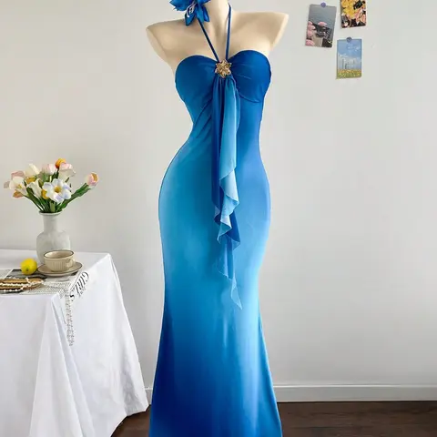 Women's Halter Neck Strap Mermaid Maxi Dress, Coquette Romantic Chic Chiffon Lightweight Formal Gown, Elegant for Wedding Guest & Vacation, Formal Dresses Women