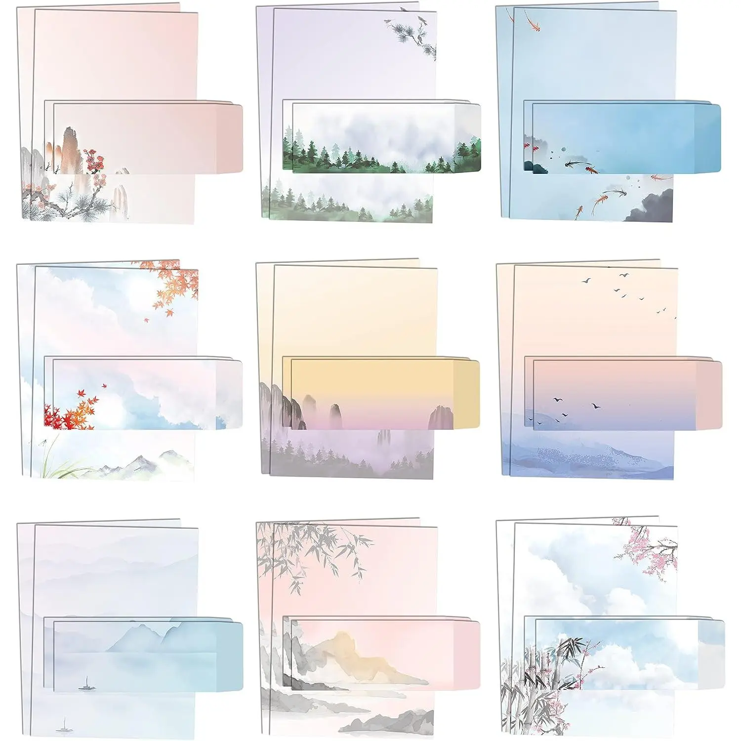 Watercolor Stationery Paper Set, 100 count Set (50 Sheets + 50 Matching Envelopes), Letter Size 8.5 x 11 inch, 9 Designs, Double Sided Printing Paper,