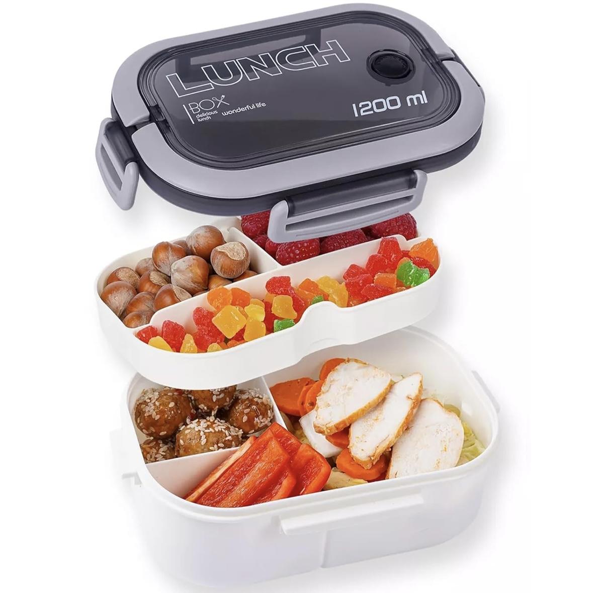 Double Layer Lunch Box with Compartments, Microwave Safe Reusable Plastic Food Container Set, Durable & Dishwasher Friendly, Ideal for School Work Use
