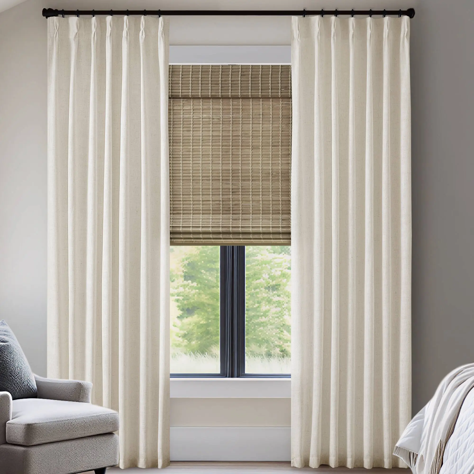 ARCH 2-Piece 40x84 Inch 300GSM Poly Linen Curtain Set with 7 Pinch Pleats Per Panel, Heavyweight Textured Fabric Window Drapes for Living Room Bedroom, Semi-Sheer Light Filtering, Rod Pocket Back Tab, Beige, Home Furniture and Household Product