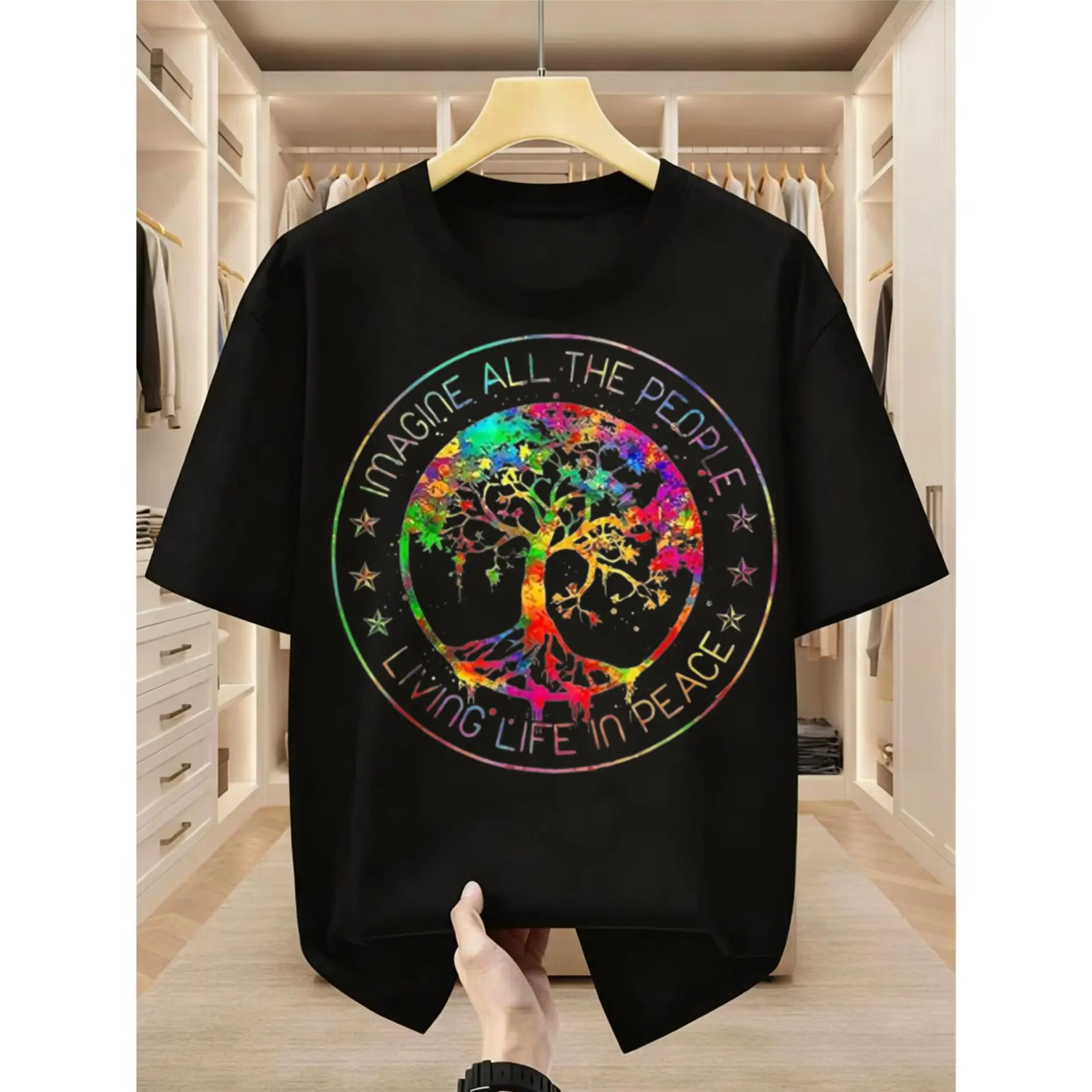 Casual, Men's T-Shirt, Imagine All The People Living Life In Peace Tree Design, Everyday Wear, Summer, Gift For Him