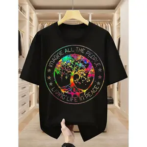 Casual, Men's T-Shirt, Imagine All The People Living Life In Peace Tree Design, Everyday Wear, Summer, Gift For Him