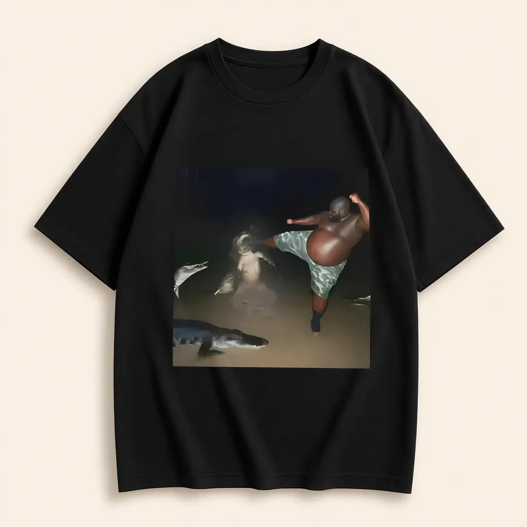 Women's 100% Cotton Short-Sleeve Top - Crocodile Kick Meme Viral Humor Graphic, American Retro Black Unisex T-Shirt, Edgy Wildlife Print, Casual Streetwear, All-Season Comfort Fit for Adventure Enthusiasts, Unique Quirky Statement Piece, Shortsleeve, Tshi