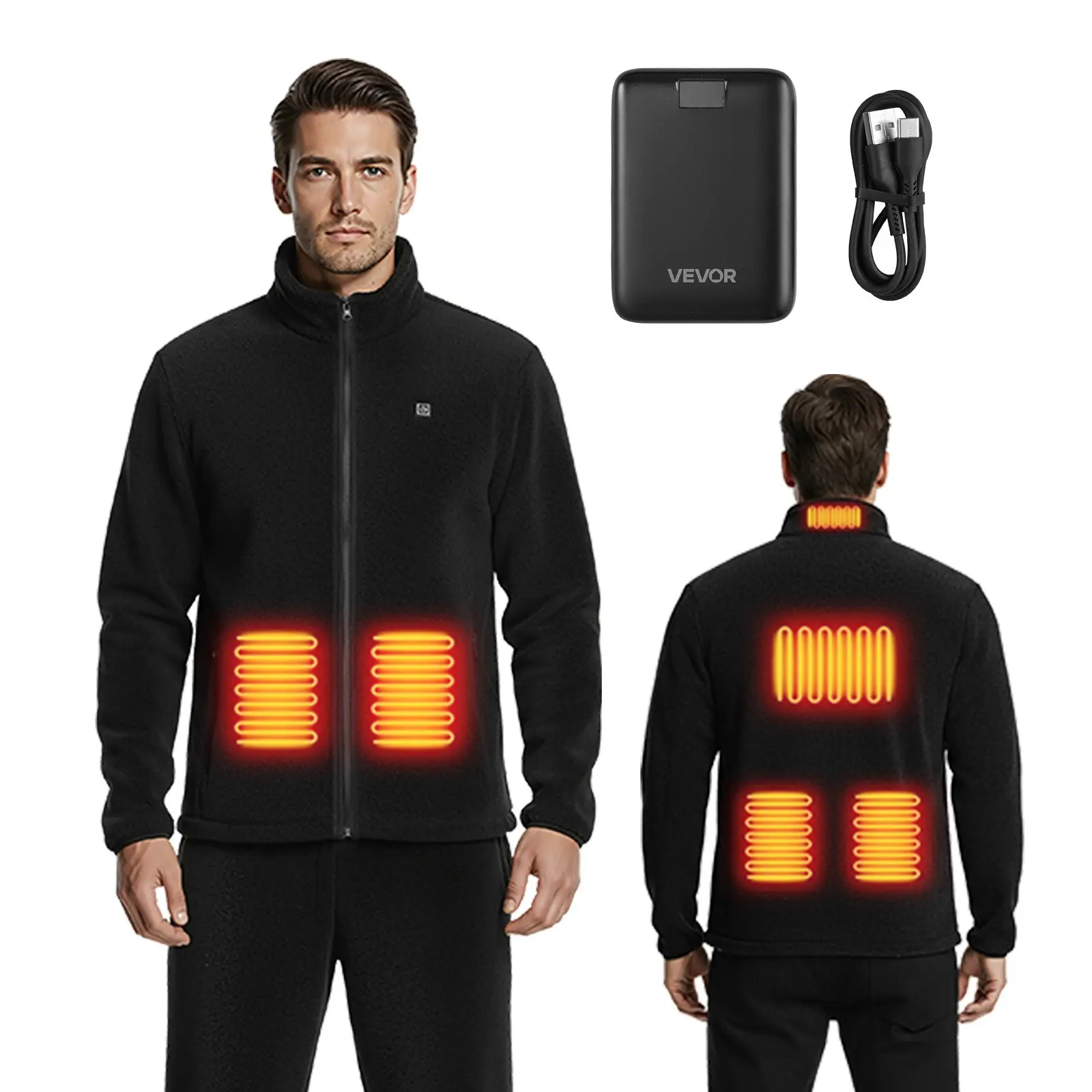 VEVOR Men's Heated Fleece Jacket with Fleece Fabric, 7.4V 16000mAh Rechargeable Power Bank, 6 Heating Zones, 3 Temp Levels, 3h/6h/10h Warmth, for Winter Outdoor Camping, Black, M
