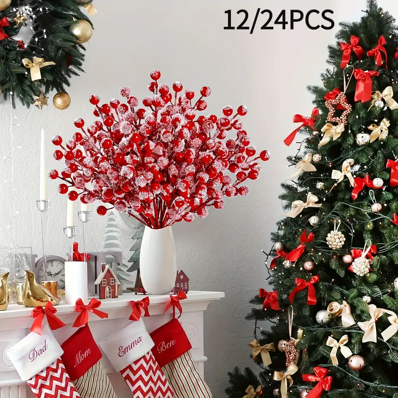 Snowberry branch Christmas tree decoration, artificial holly branches with spray suitable for DIY crafts and home decoration