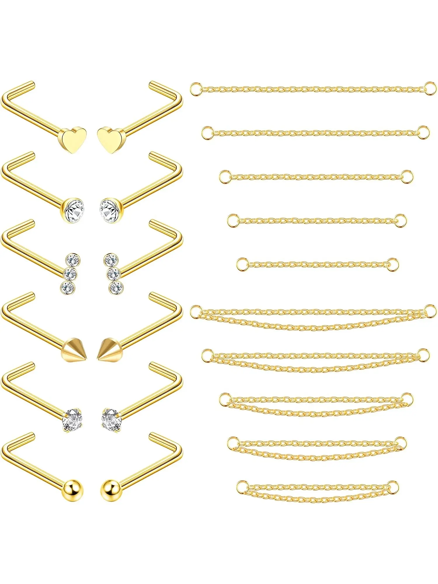 12Pcs Nose Stud 10Pcs Nose Chain Piercing Body Jewelry Surgical Steel Nose Rings with Nose Chain for Double Nose Piercing 20G Nose Studs Silver Nose Piercings for Women Men