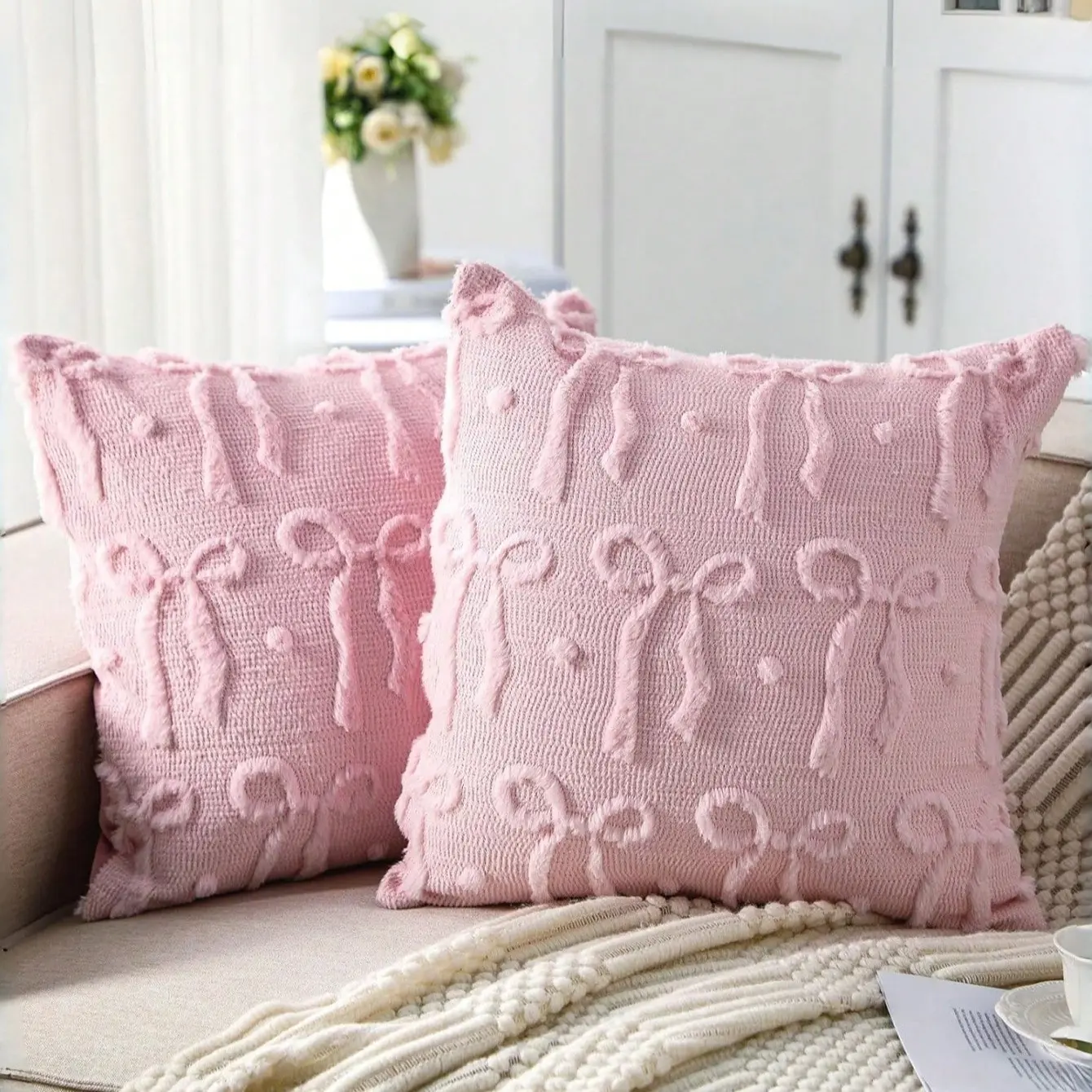 Bow Pattern Cushion Cover, 2 Counts Soft Comfortable Throw Pillow Cover without Filler, Cushion Protector for Home Living Room Bedroom, Versatile Use