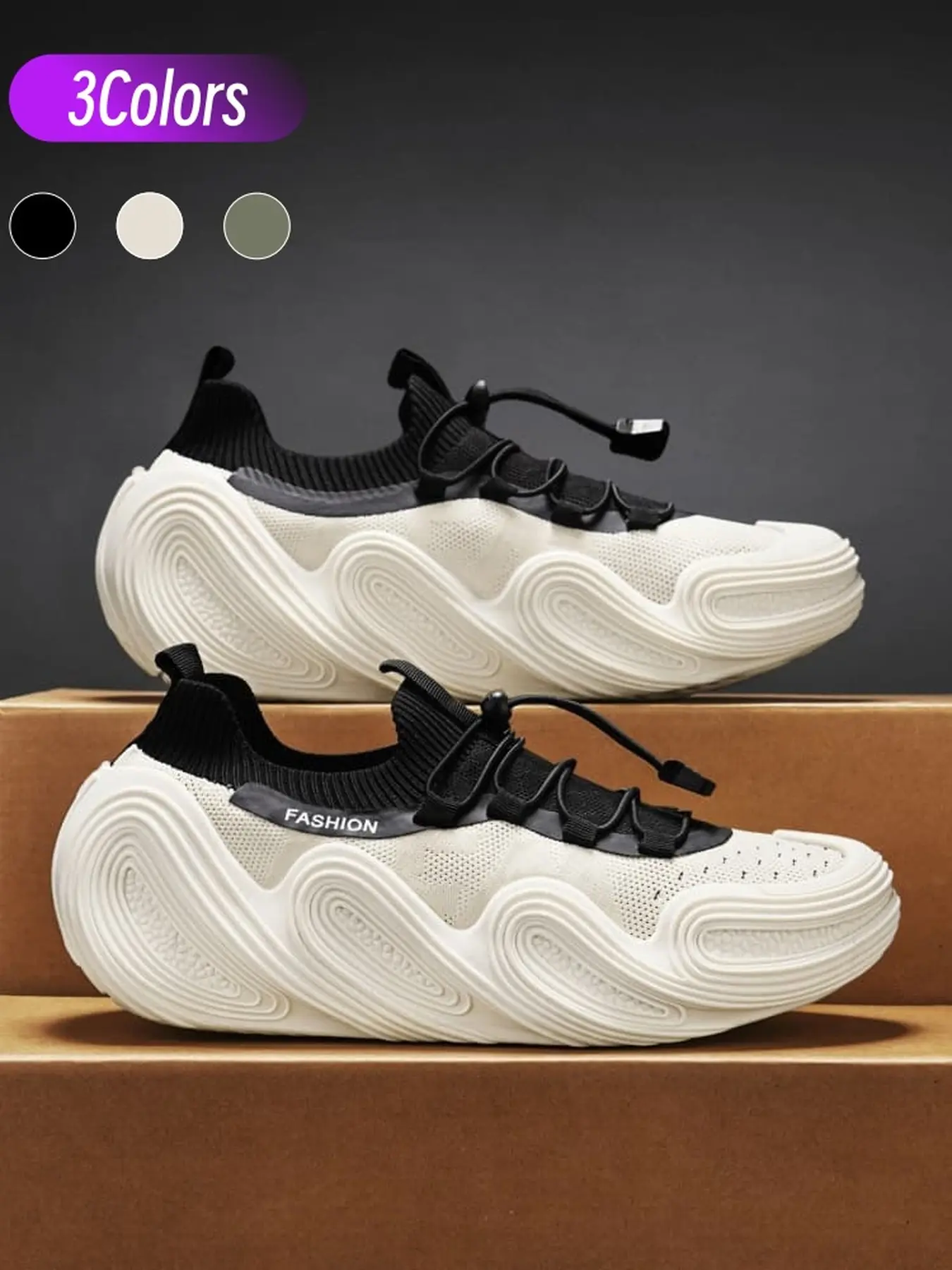 Lace-free quick lock men wave dad sneakers, integrated flyknit sock upper, non-slip PVC sole daily commute shoes