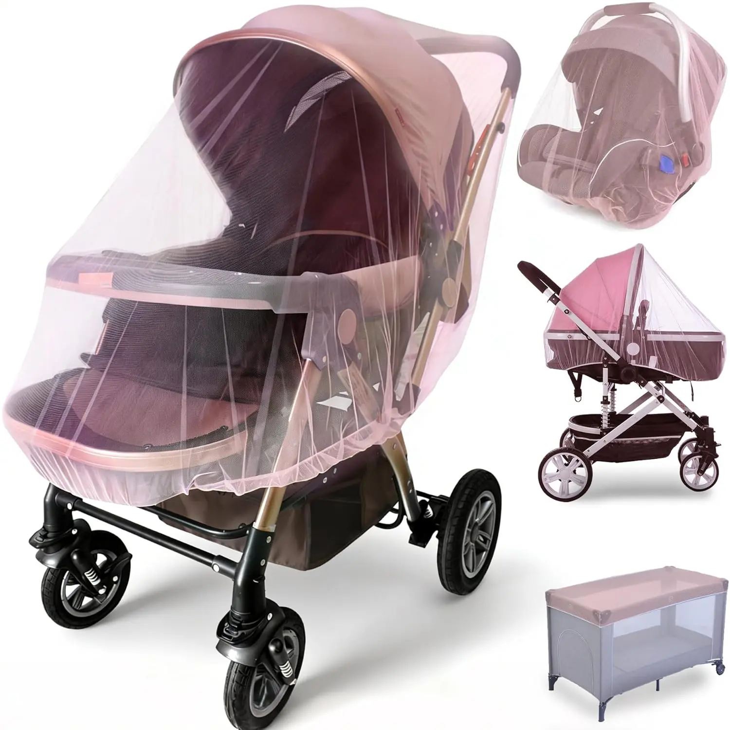 Durable Baby Stroller Mosquito Net (2 Pack) - Universal Elastic Edge Mesh Cover for Bassinets, Cradles, Playards, Car Seats & Mini Cribs |   Breathable Travel Essential Newborn Protection (Pink)