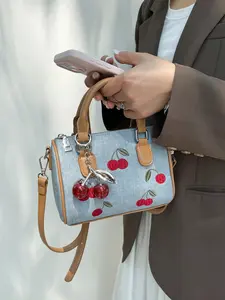 Cherry Embroidered Denim Blue Boston Bag, New Daily Versatile Commuter Handbag, Crossbody Shoulder Bag for All Seasons