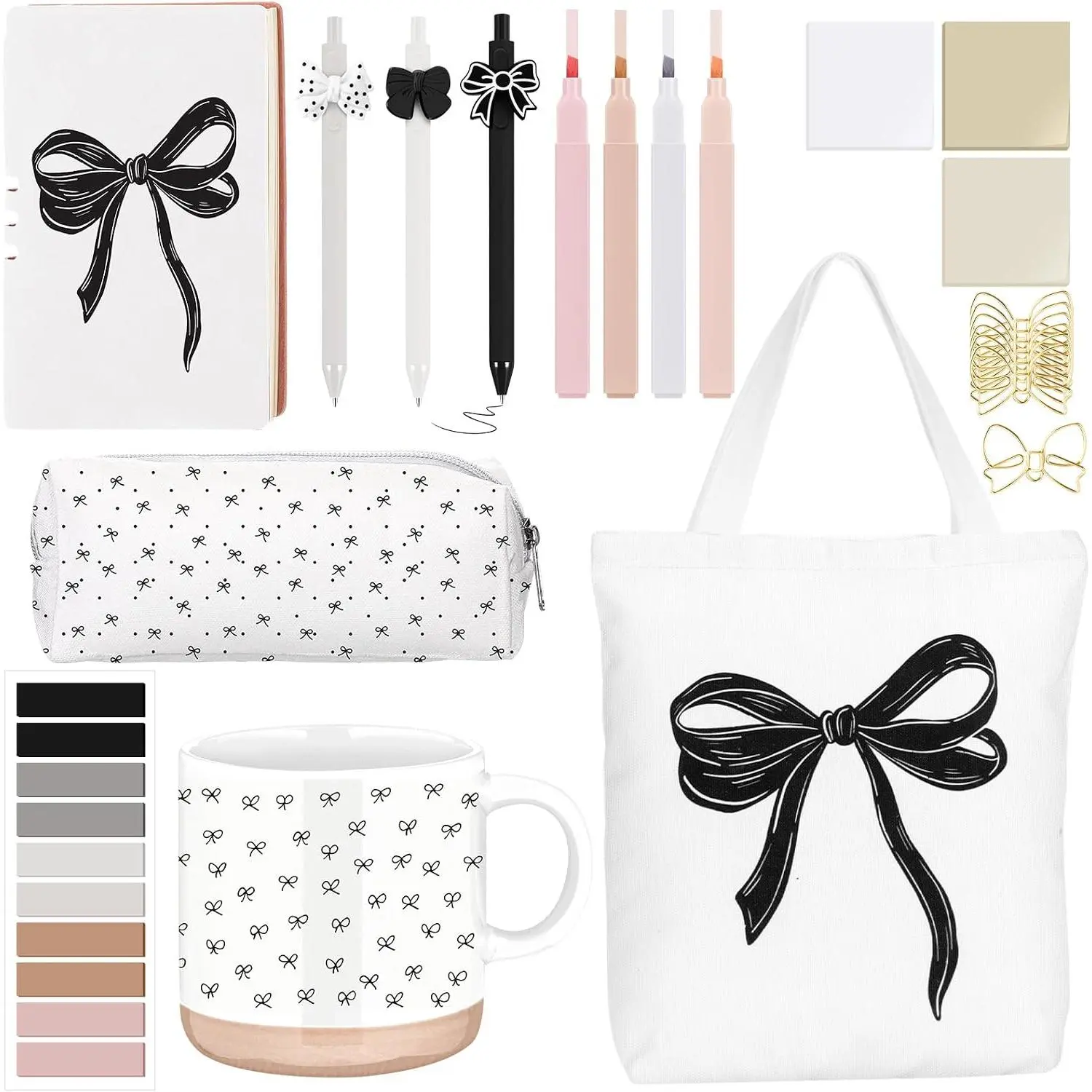 25 count Black Bow Stationery  Set for Women,  School Supplies Box with Mug A6 Notebook Tote Bag Pens Highlighters Pencil Pouch, Cute Desk Accessories for  to School, Birthday