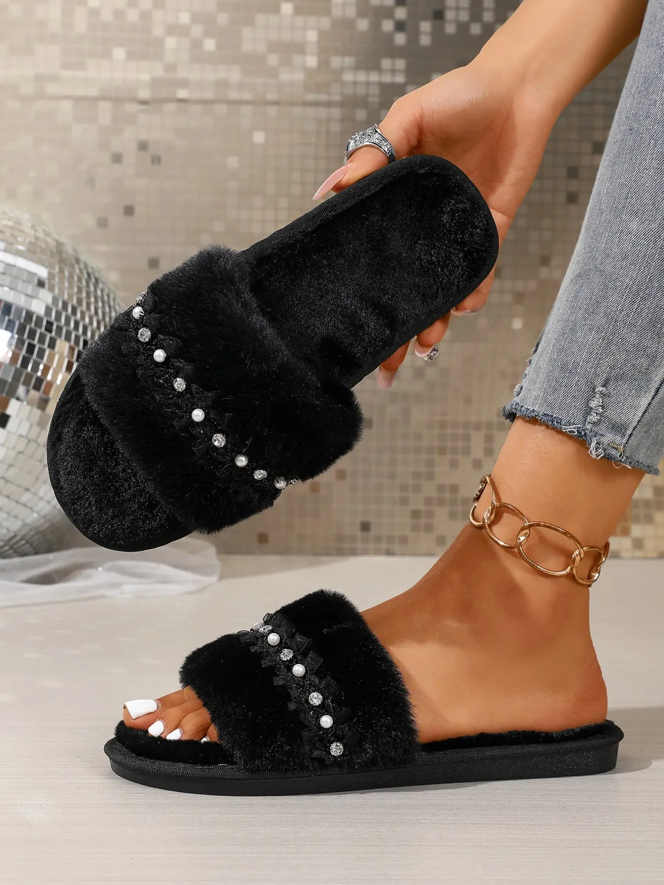 Women's Rhinestone Chain Slippers, Animal Print Textile Eva Sole, Breathable Open-Toe Design, Casual Home Wear