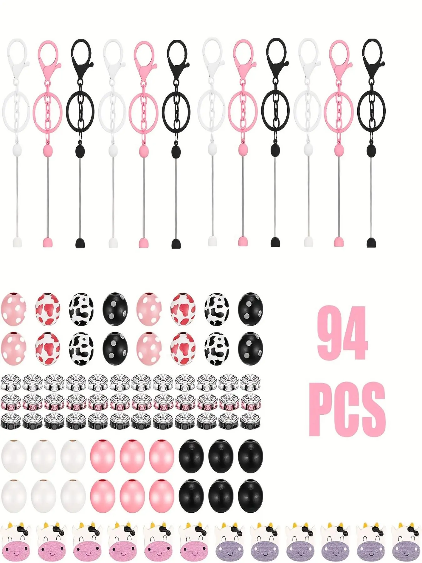 94 Pcs Cow Pattern Keychain Set, Beaded Keychain, DIY Crafts, Jewelry Making, Backpack Keychains, Decorative Gifts, Halloween Christmas Gift