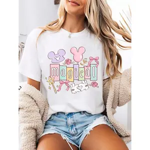 T Shirt Print ,Graphic-Cotton Tees Size Plus,-Style Women's Graphic Tee Featuring A Magical Mouse Head Print. This Women's Summer Round-Neck Tee Is Crafted From Soft, Comfortable 100% Cotton Fabric, Perfect For Everyday Wear, Outdoor Activities