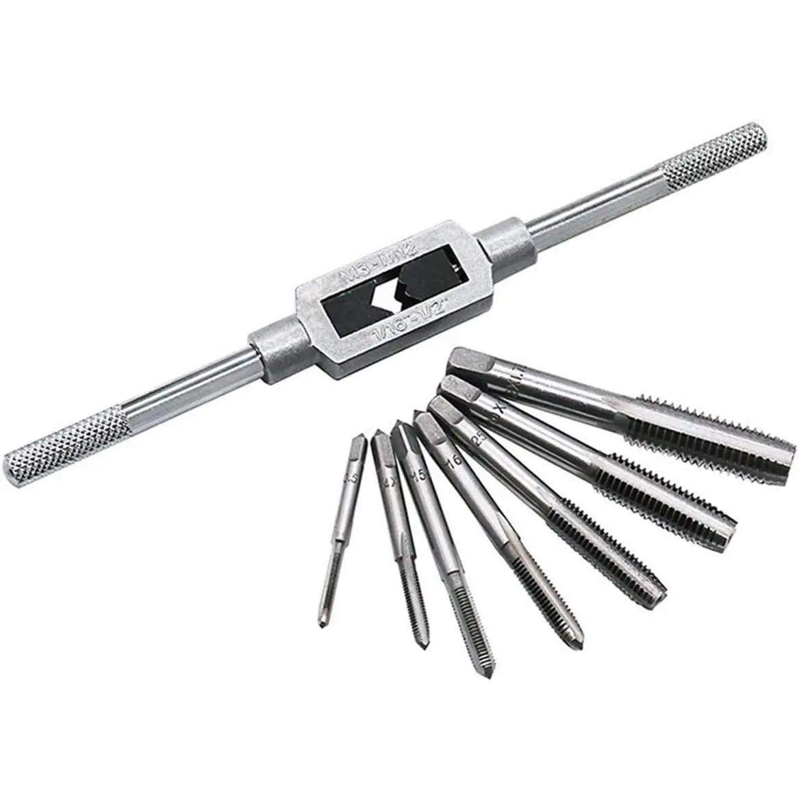 8 count Metric Thread Machine Taps Set, Hand Screw Thread Plug Taps M3 M4 M5 M6 M8 M10 M12 with Adjustable Tap Wrench 1/16-1/2''