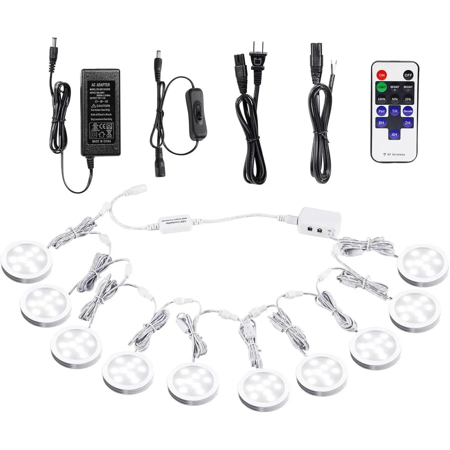 Linkable Under Cabinet LED Lighting 12V Dimmable Puck Lights with Wireless RF Remote Control, Hardwired & Wall Plug in for Display Lighting(10 Lights, Daylight White)