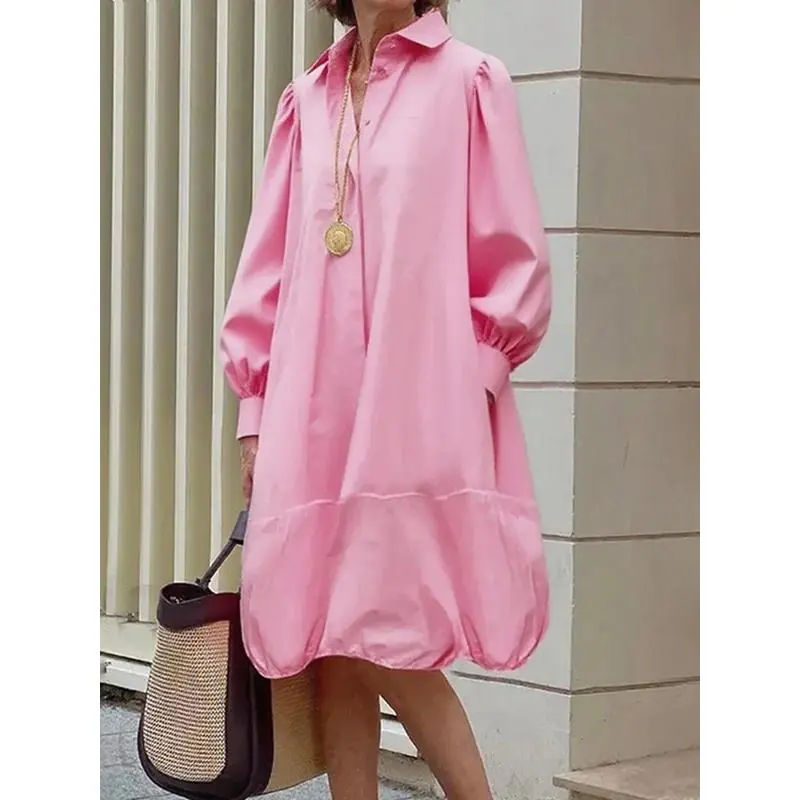 Long Sleeves Loose Buttoned Pleated Pockets Solid Color Lapel Midi Dresses
