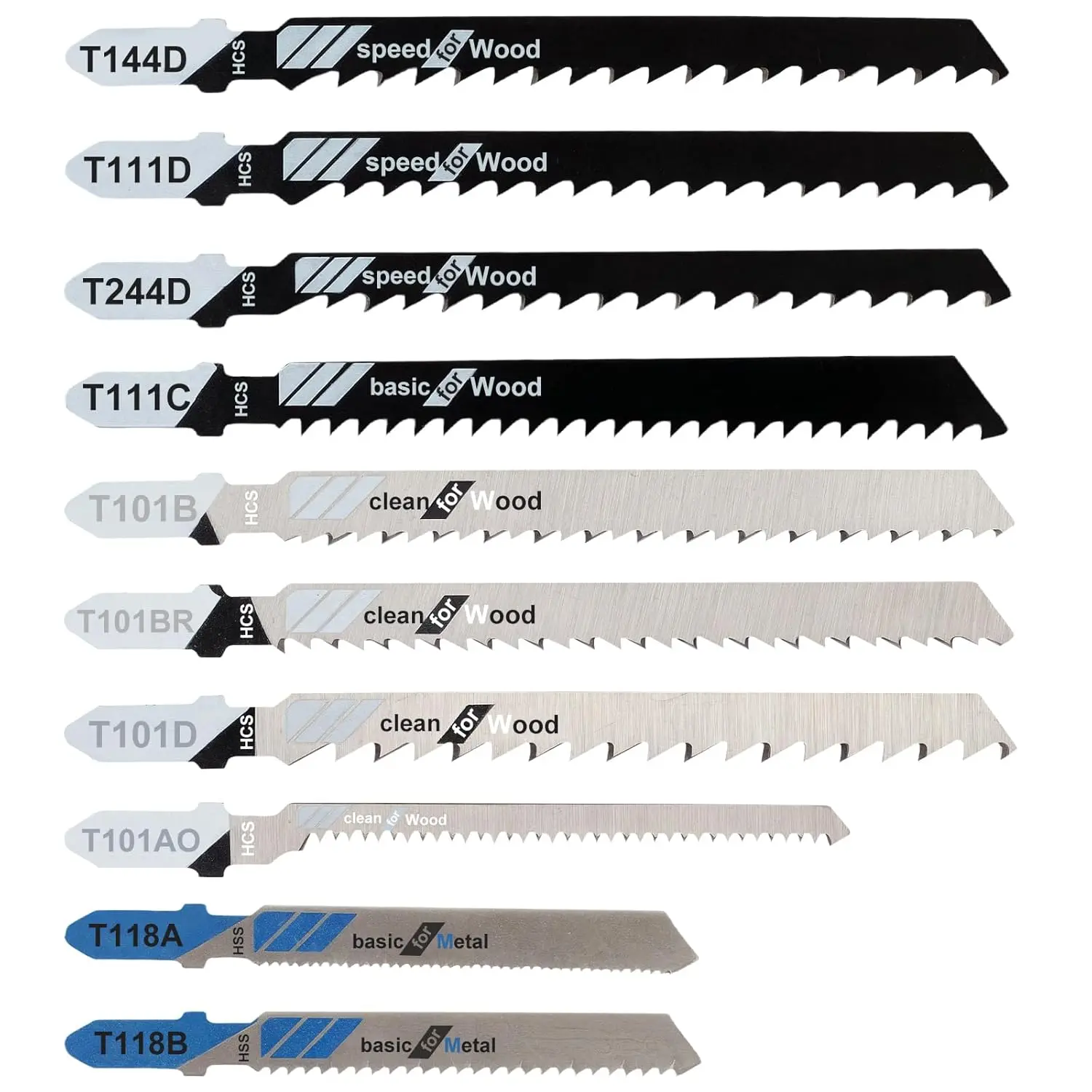 Jigsaw Blades, 10 Piece Jig Saw Blades, T-Shank jig Saw Blades for Wood, and Cutting(T111D, T101AO, T101BR, T101D, T101B, T118A, T118B, T144D, T244D,T111C)