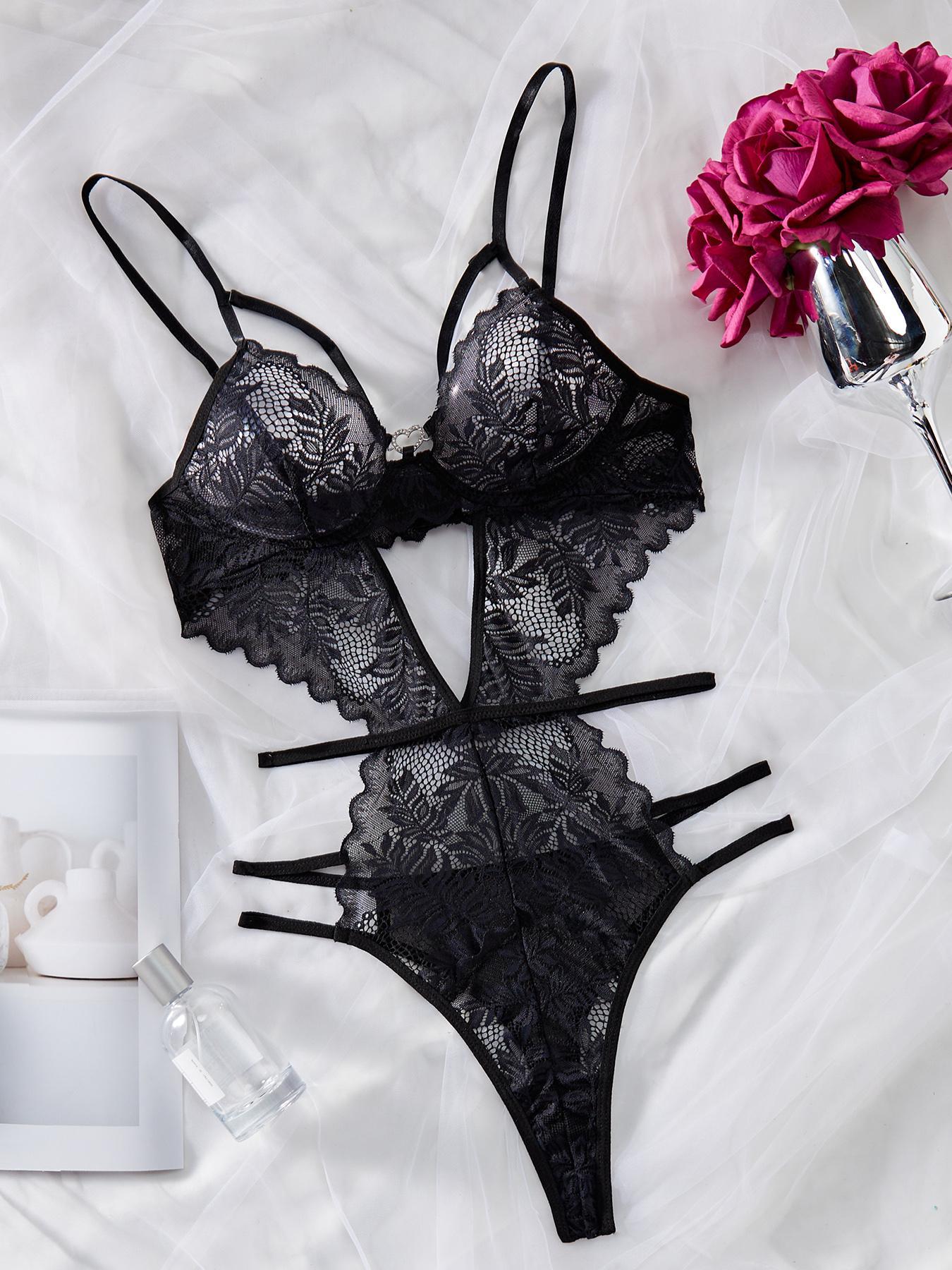 Women's Solid Cut Out Sheer Lace Lingerie Bodysuit, Soft Supportive Lingerie, Fashion Comfy Sexy Breathable Push Up Bodysuit for Daily Wear, Women Sexy Lingeries for All Seasons, Lingerie Lace Nightwear, Underwear