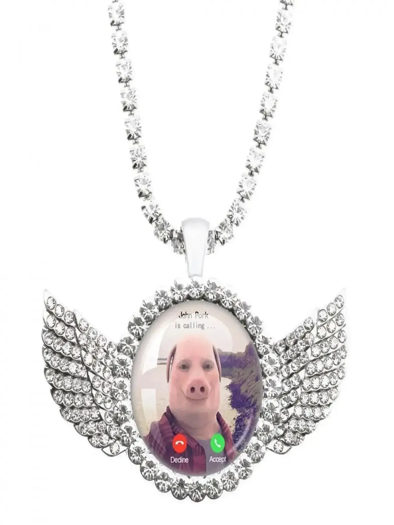 Wings Rhinestone John Pork Meme Pendant Necklace, Humorous Alloy Chain, Casual Street Jewelry, Birthday Gift for Meme Fans