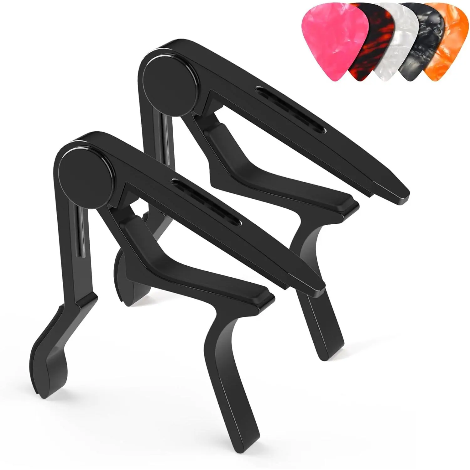 Capo, Guitar Capo with Pick Holder and 5 Picks, Guitar Clamp, Guitar Kapo, Capo for Acoustic & Electric Guitar, Ukulele, Banjo, Mandolin (Black & Black)