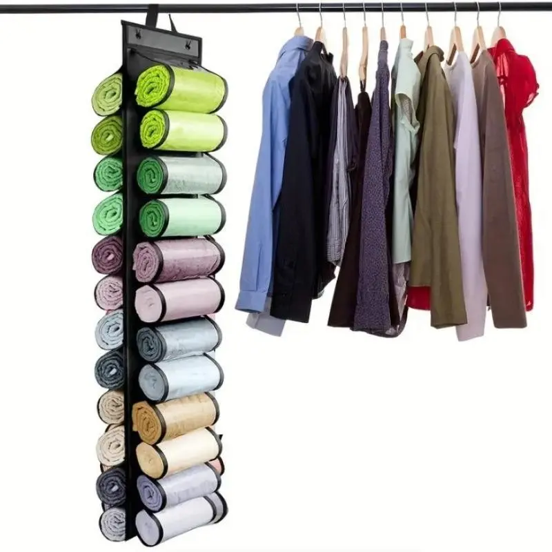 Double-Sided 24-Pocket Hanging Storage Bag, Transparent Over-The-Door Organizer, Ideal for Yoga Pants, Towels, Clothes, Home Use