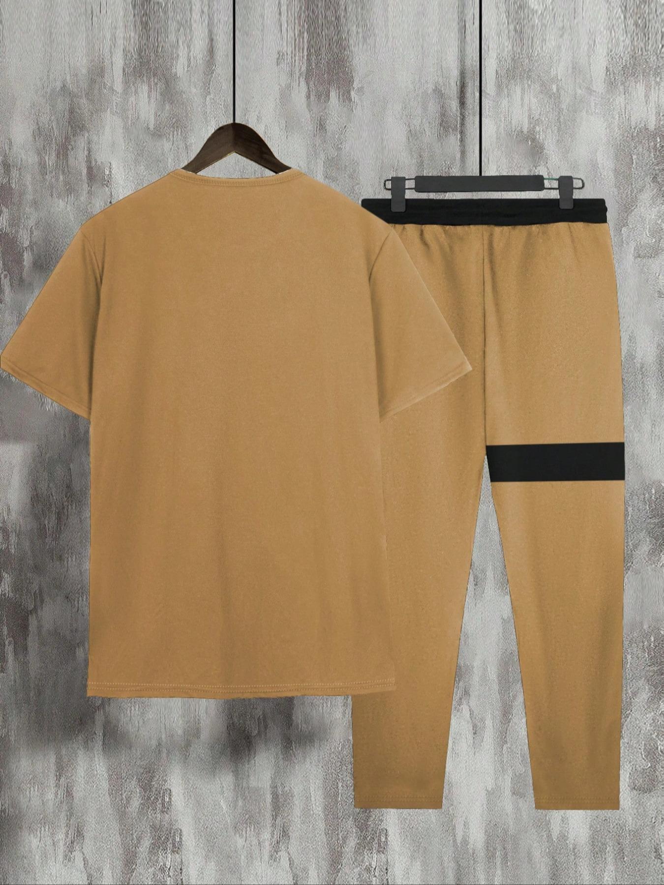Two Counts Men's Patchwork Colorblock Print Pocket Pants Set, Casual Short Sleeve Fitted Crewneck Round Neck Jersey Tee & Drawstring Waist Pants Casual Trousers, Men's 2 Piece Set, T Shirt Set, Fashion Men's Outfits For Summer, Clothing, Menswear