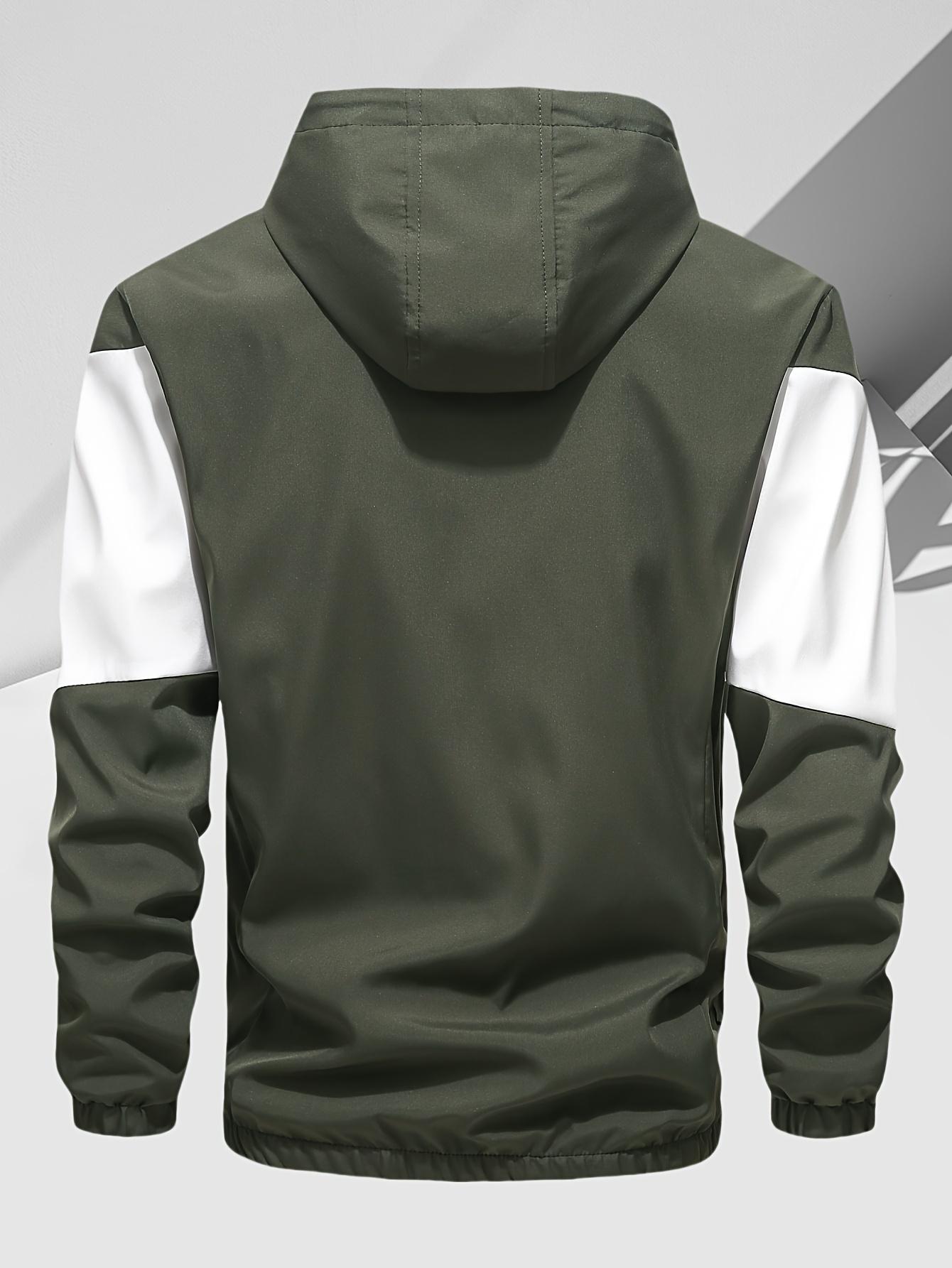 Men's casual two-piece set, stylish contrasting zipper hooded jacket, breathable solid color drawstring pants