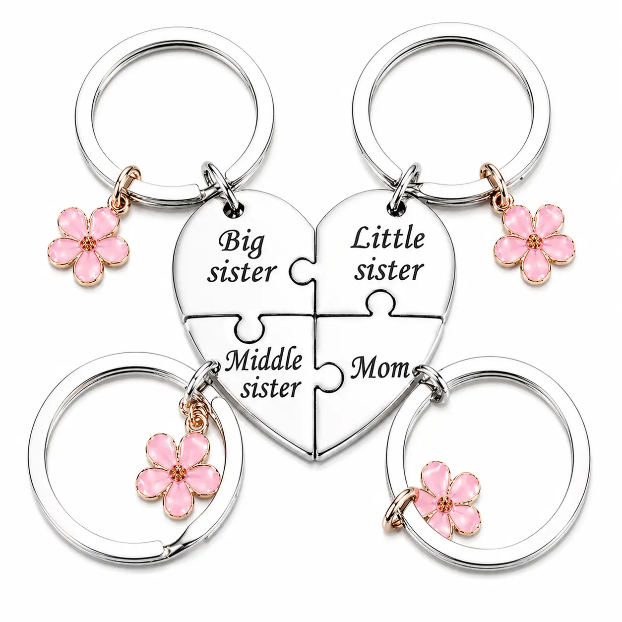 Family Gift 4-Piece Stainless Steel Heart Shape Keychain Matching Set, Engraved Names with Pink Flower Charms for Mom & Sisters, Matching Sets