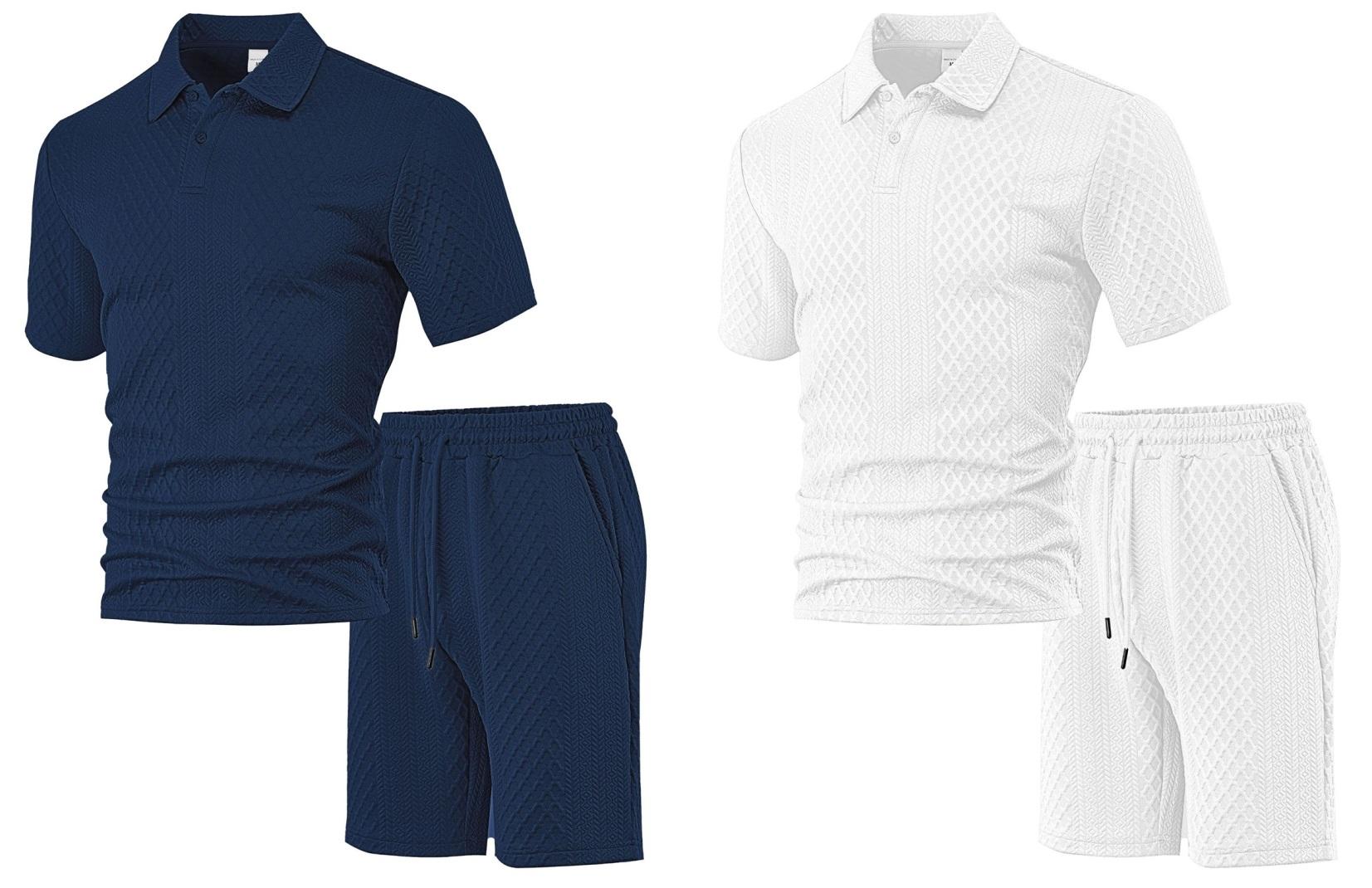 Trending Men’s Polo & Shorts Set, Jacquard Texture Summer Outfit, Lightweight Breathable Sport Set, Streetwear Matching Set
