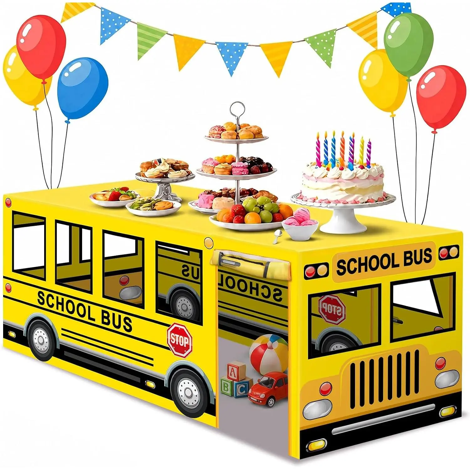 6ft School Bus Birthday Party Playhouse Tablecloth Large Bus Themed Table Fort Tent Cover Playhouse Back to School Table Cover Yellow Polyester Rectangular Tablecloth for First Day of Schools Decor