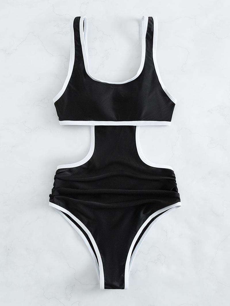 Women's Summer Beach Cut Out Back Bathing Suit Contrast Binding Scoop Neck Ruched Monokini One Piece Swimsuit, Sleeveless Swimsuit
