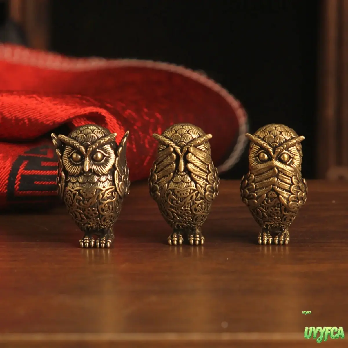 Vintage Mini Solid Brass Owl Figurine for Home Decor,Cute Engraved  Owl Statue, Three Wise Owls Tabletop Collectible Sculpture, Compact Pocket Size Ornament for Office Desk, Bookshelf Display And Desktop Gift