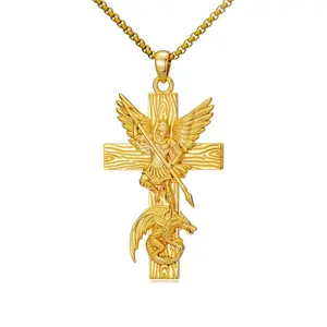 Teetyyt St Michael Pendant 14K Gold Plated Medalla De San Archangel Michael Necklace Protection Jewelry Catholic Christian Religious Gifts for Men Women