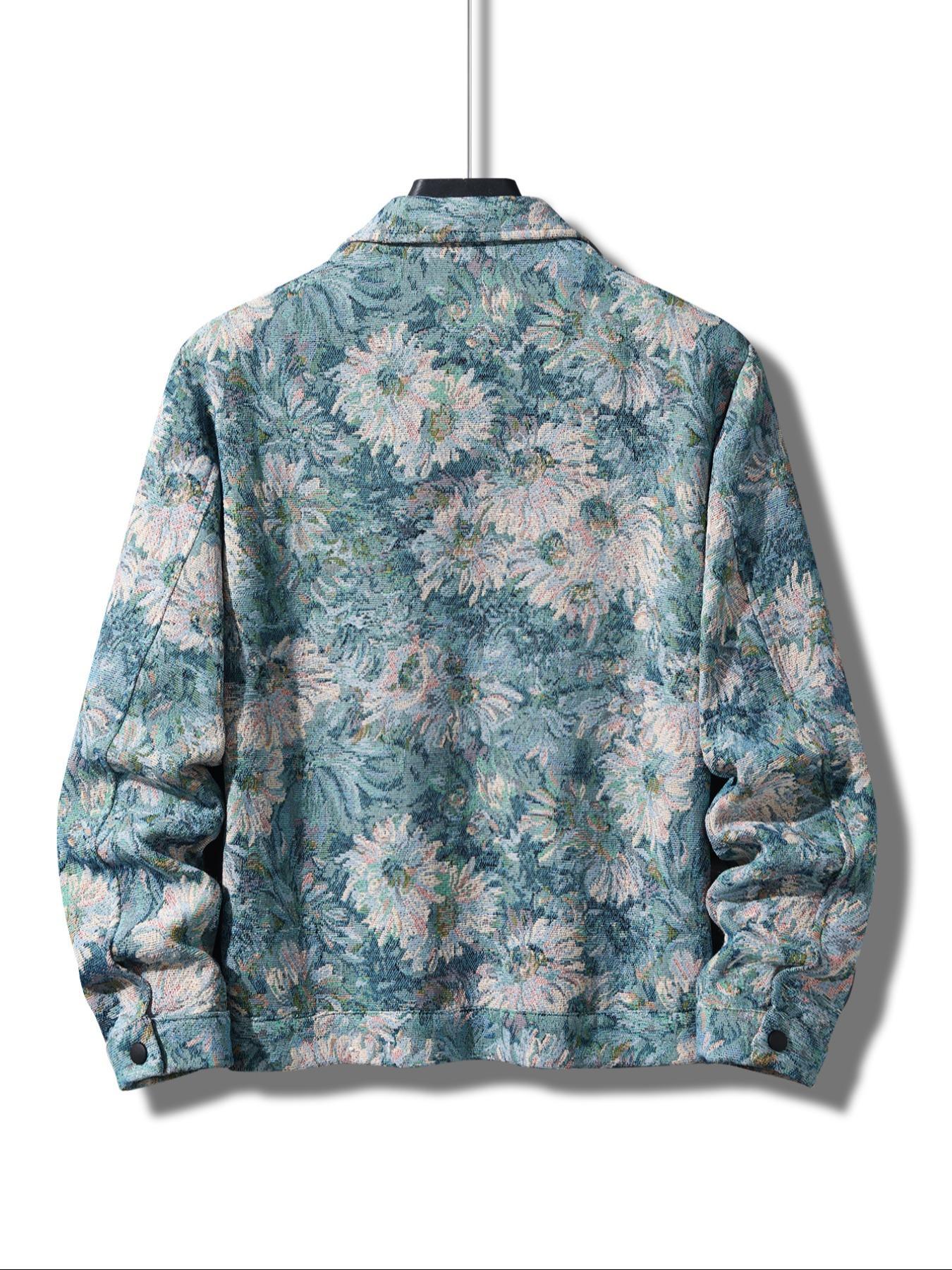 Men's Floral Print Button Front Jacket, Regular Fit Casual Long Sleeve Collared Outerwear for Fall & Winter, Men's Clothes for Daily Wear, Fashion Fit Jacket