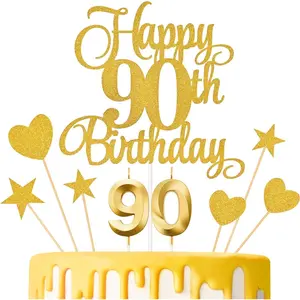 90th Birthday Gold Glitter Cake Topper Numeral Candle Set for Birthday Party Decorations Supplies