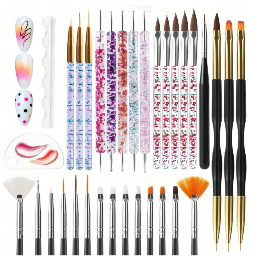 Landot 31pcs Nail Art Tool Kit, Includes Nailart Brushes, Dotting Tools, Dust Brush, Long Stripingbrush, Drawing Pens, Ideal for Nail Art Design