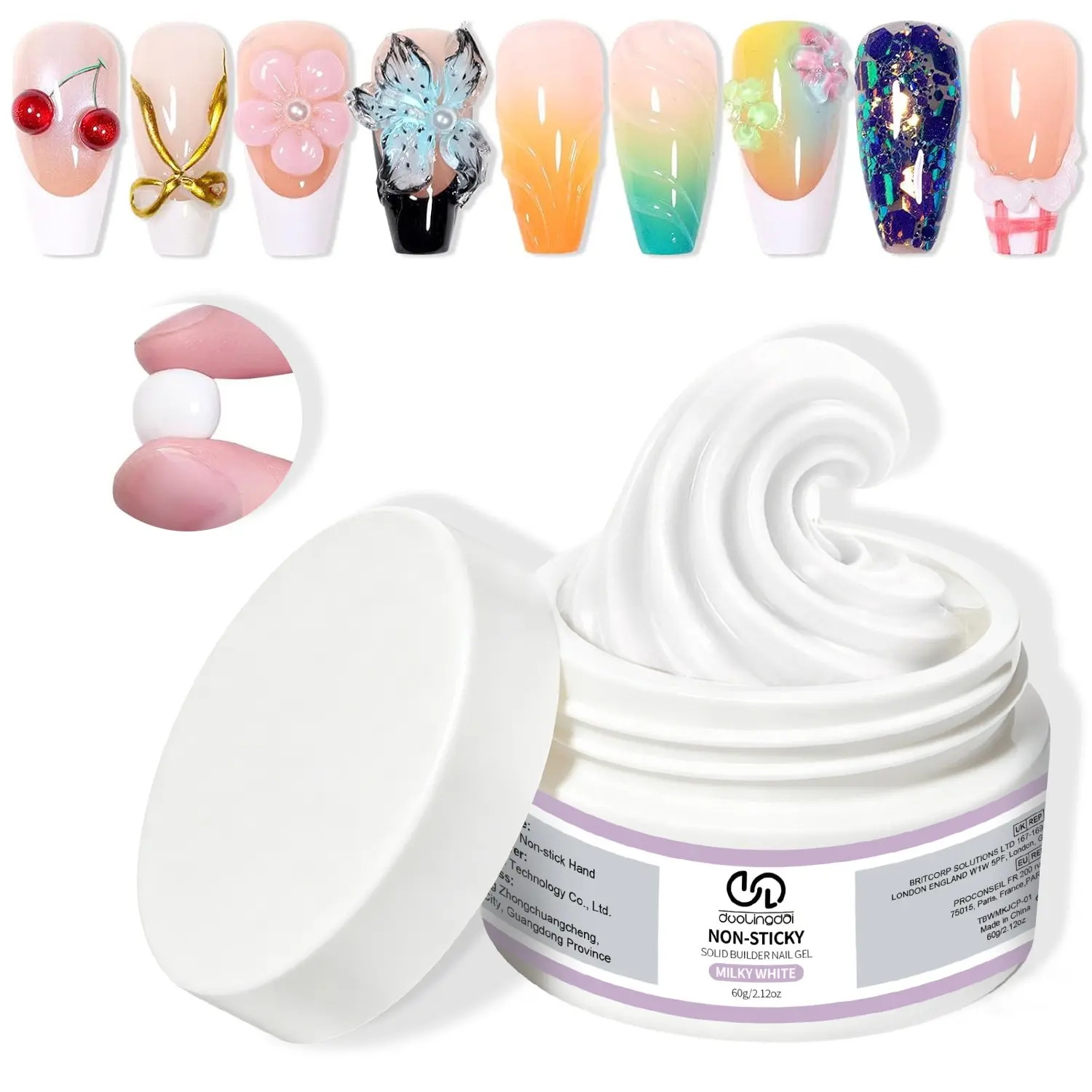 Duolingdai 60g Cream Non-Sticky Solid Build-Up Gel, No Float Gel, UV/LED Shaping Gel, for Cream Extensions, 3D Butterfly Embossing, Diamond Setting