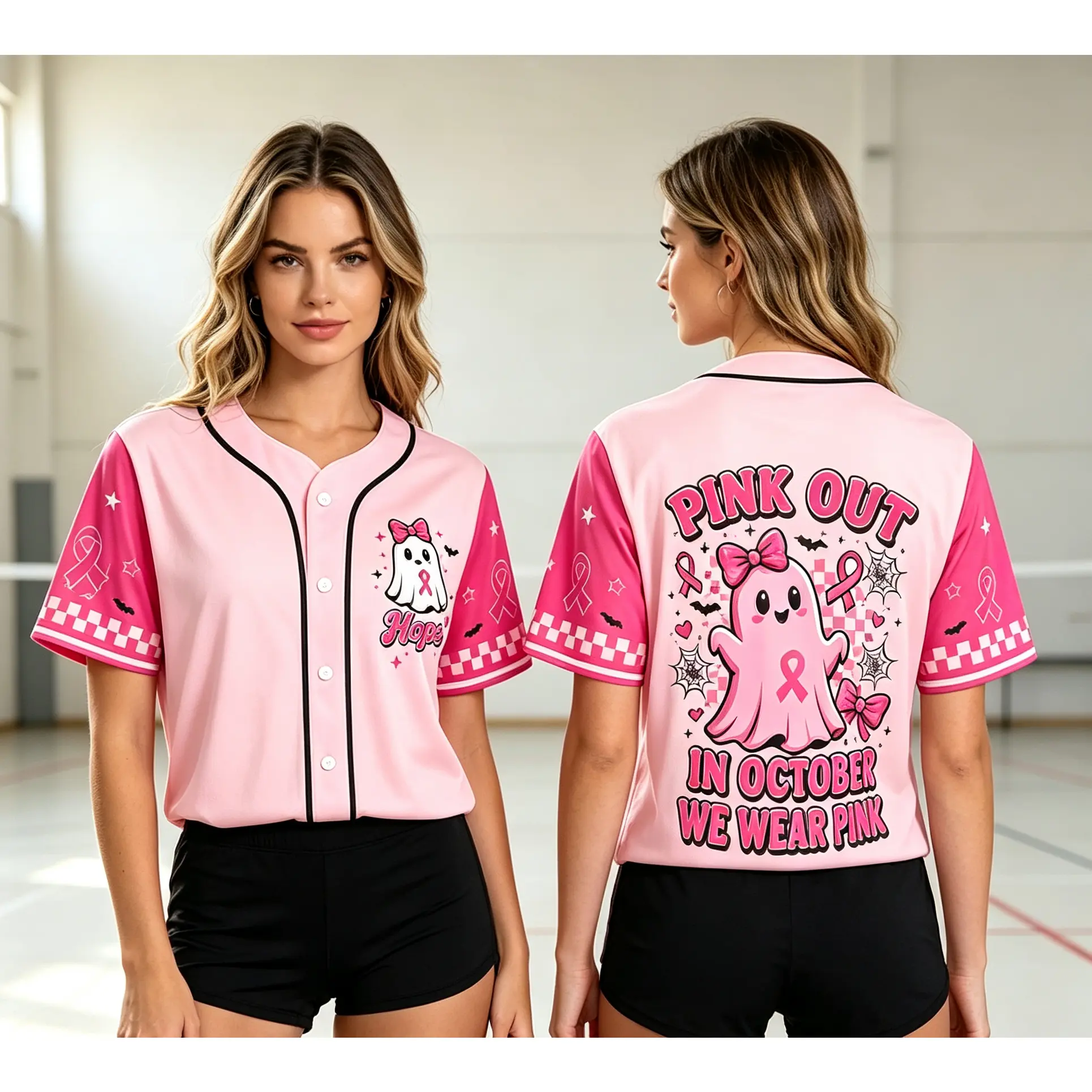Pink Out Awareness Professional Short-Sleeve Baseball Jersey - Cute Ghost Motif Hope Graphic Jersey Shirts, October Pink Halloween Sportswear, Ideal Gift for Breast Cancer Supporters, Short Sleeves