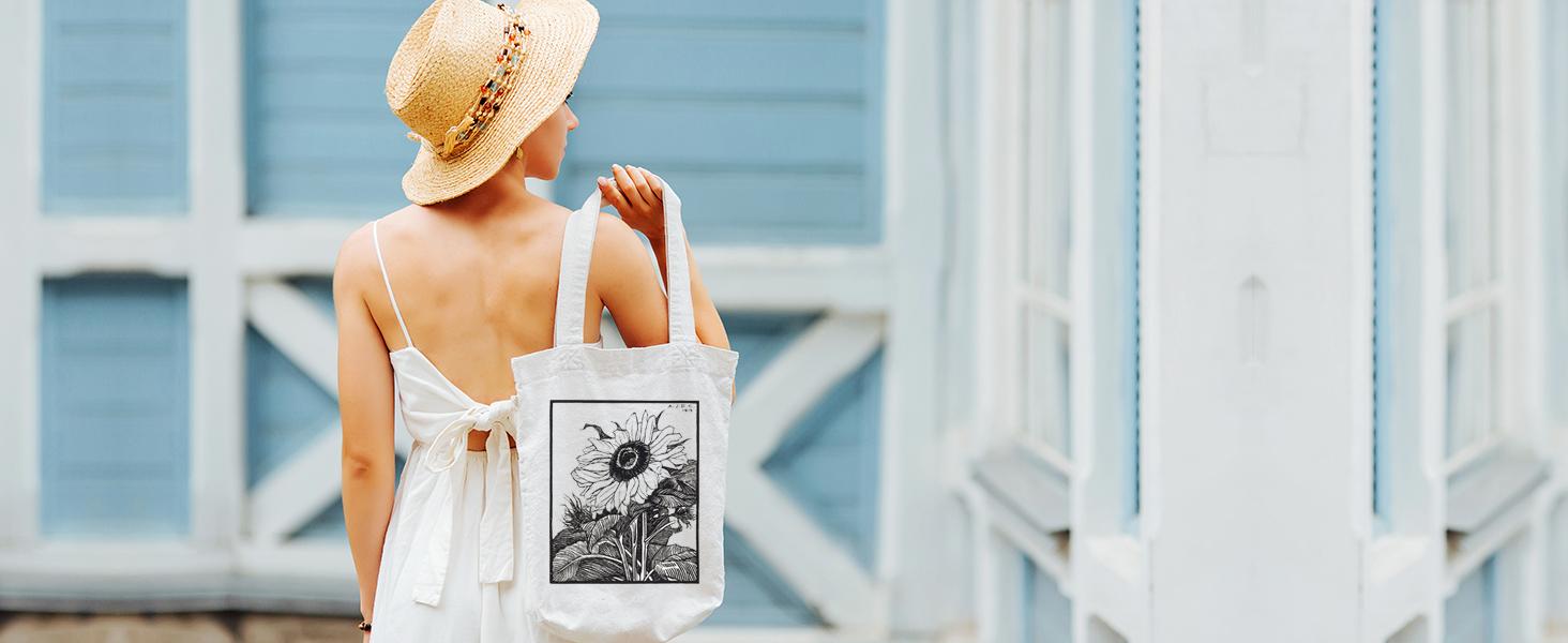 Flower Butterfly Aesthetic Canvas Tote Bag Large Capacity 12 oz Birthday Gifts Bag for Women Aesthetic Reusable Shopping Bag for Mom Teacher