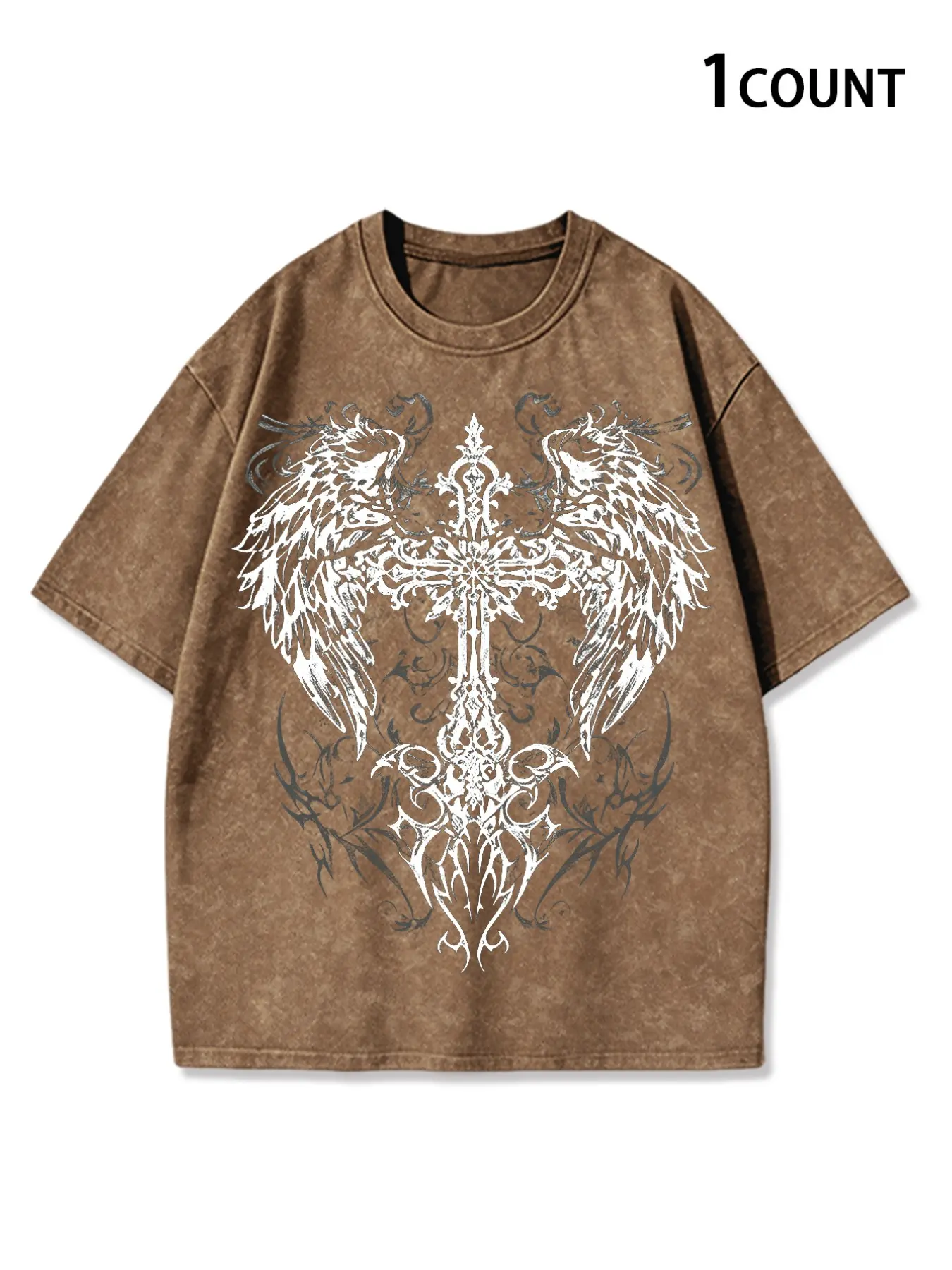 Men's Washed Vintage Wing Cross Gothic Print Loose Short Sleeve T-Shirt, American Dark Subculture Cleanfit Style, Versatile Skateboard Top