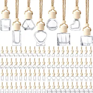 BBTO 200 Pcs Hanging Car Diffuser Bottles Bulk, 8 Styles Empty Glass Air Freshener Bottles with Wooden Cap for Perfume Essential Oils Fragrance Aromatherapy Ornament