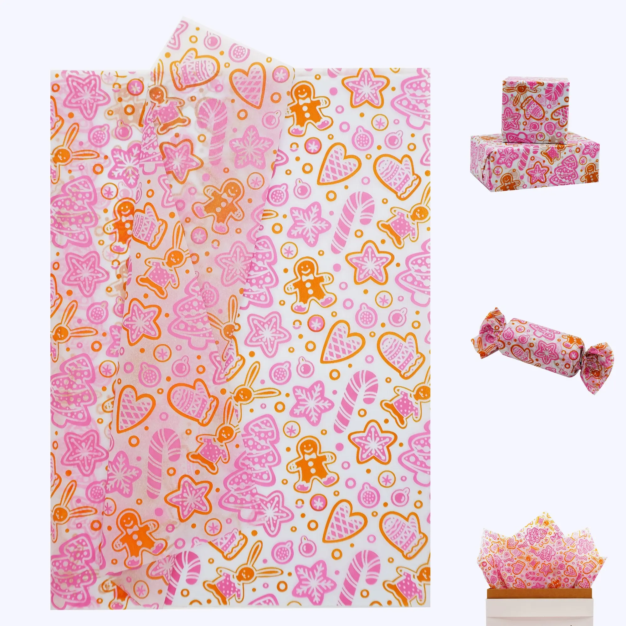 Pink gingerbread man pattern gift wrapping thin paper, bouquet supplies, gift bags with tissue paper, flower wrapping paper, suitable for decorating any occasion of Thanksgiving, Halloween, Christmas parties