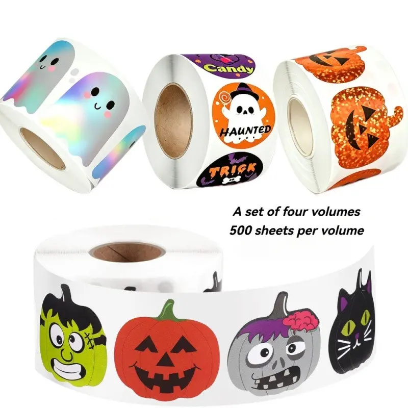4Rolls 2000Pcs Halloween Sticker Rolls Decorative Labels Kawaii Cute Spooky Gothic Aesthetic Holographic Glittery Pumpkin Ghost Cat Monster Prints Kids Party Favors Gift Bag Scrapbooking