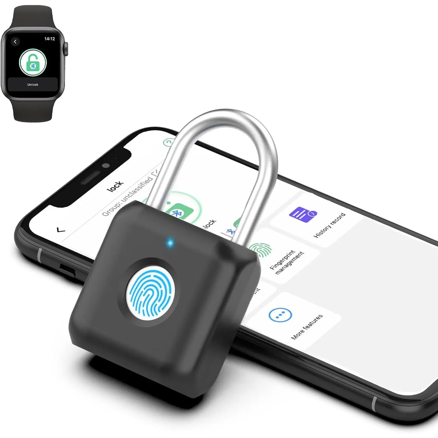 Fingerprint Padlock  Gym Locker Lock for Boys with Phone App iOS Watch Metal Keyless Combination Locks for School  Locker Toolbox Hasp Storage Obsidian Black