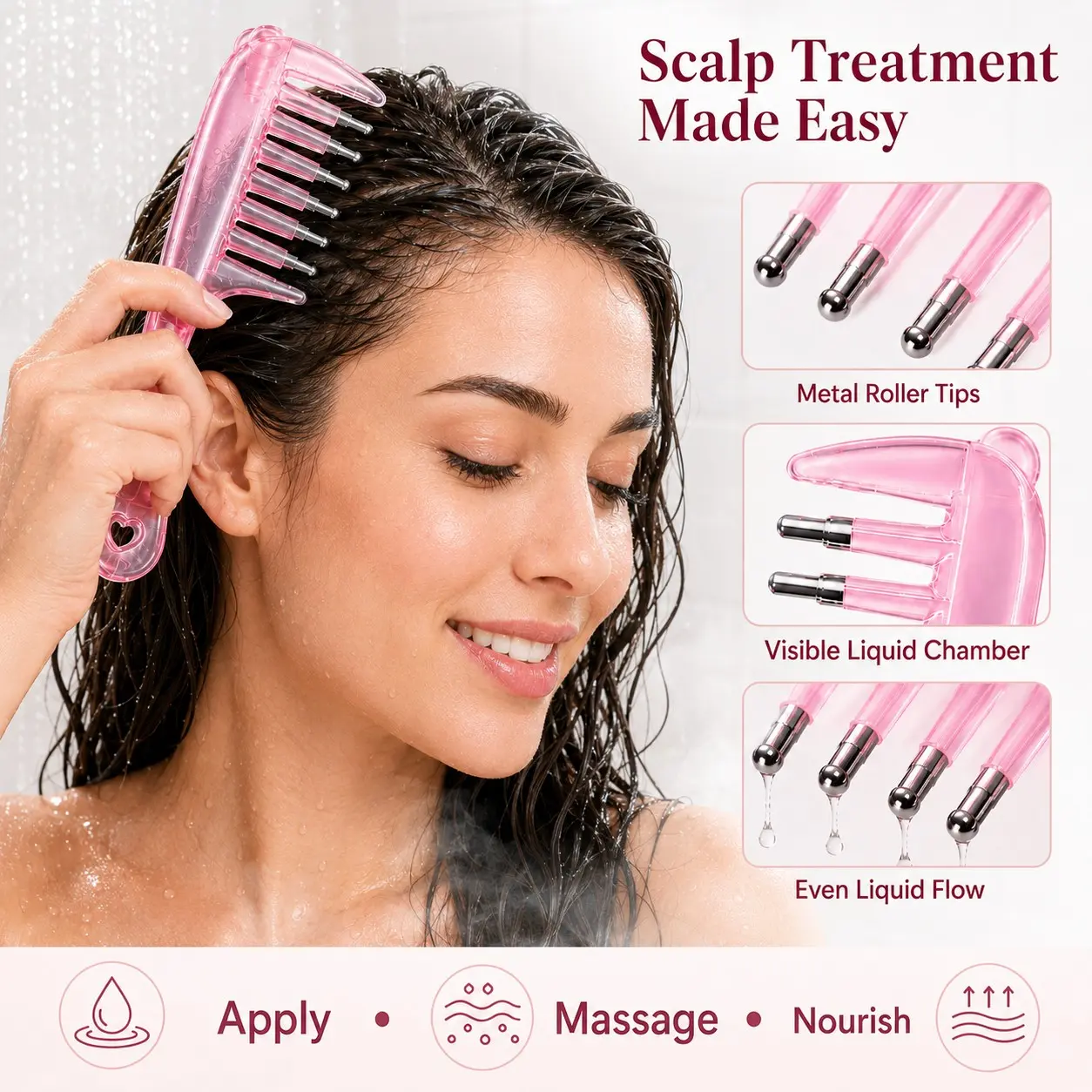 Scalp Oil Applicator Comb for Hair Care - Pink Hair Root Oil Comb with Metal Tips, Transparent Chamber for Scalp Massage & Nourishing Treatment