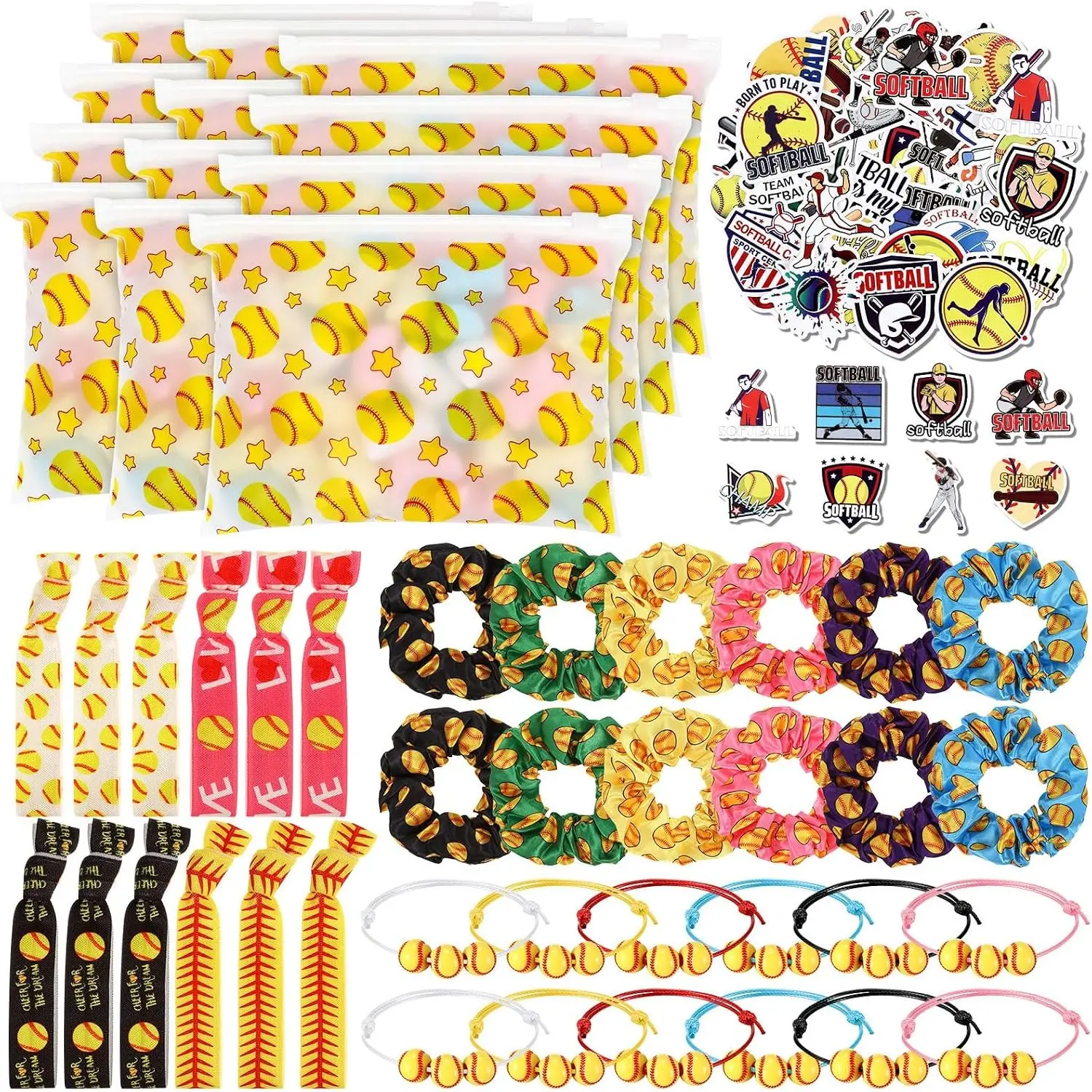98 Pcs Softball Include Softball Goodie Makeup Bags Bracelet Hair Bands Hair Ties Sticker for Sports Team Gifts Birthday Decoration Party Supplies(Stylish)