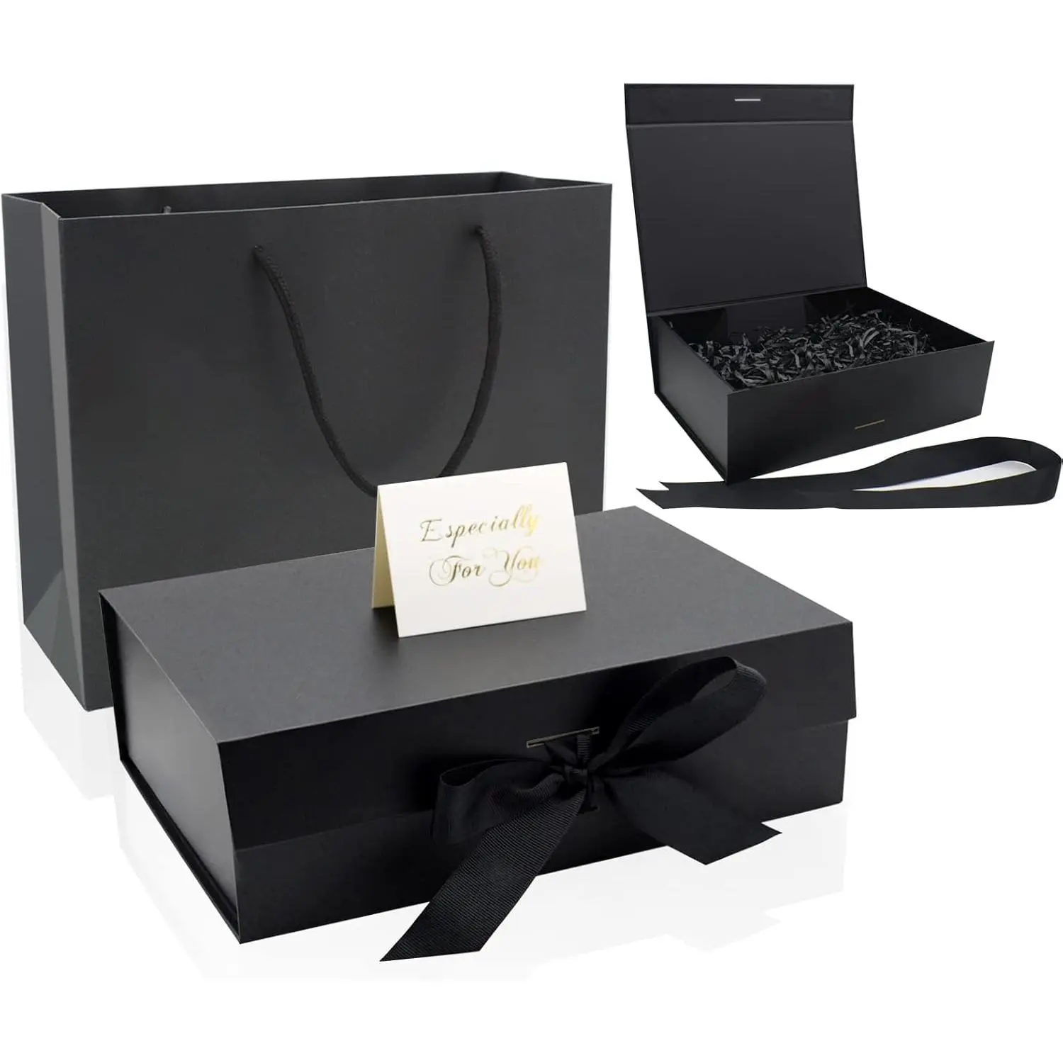 Black  Box with , Large Ribbon Luxury  Packaging Box with Paper Bags, 2 Greeting Card and Shredded Paper Filler for Christmas Wedding Men Women Birthday Presents